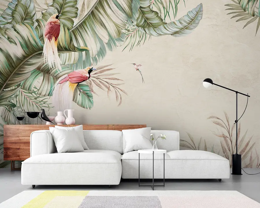 wall murals Tropical plants and birds on textured background u96550