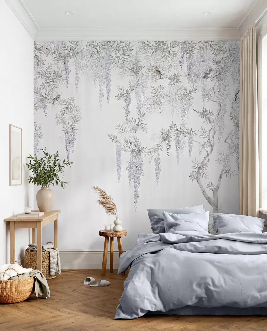 wall murals Flowers of wisteria, wisteria, minimalism, monochrome, loft and Japanese style u96928