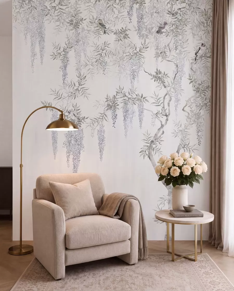 wall murals Flowers of wisteria, wisteria, minimalism, monochrome, loft and Japanese style u96928