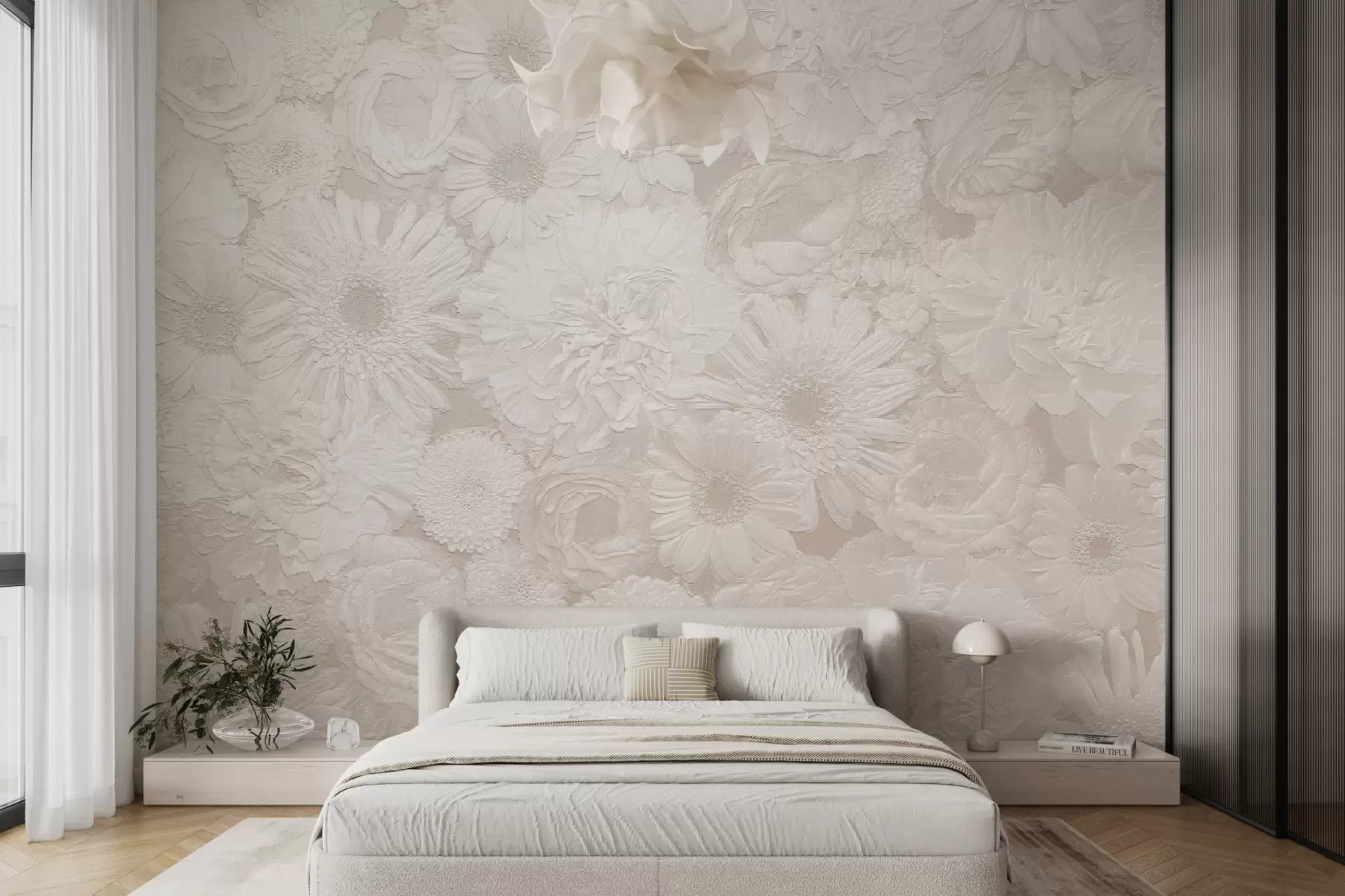 wall murals Lush flowers in the style of rococo and boho monochrome u96930