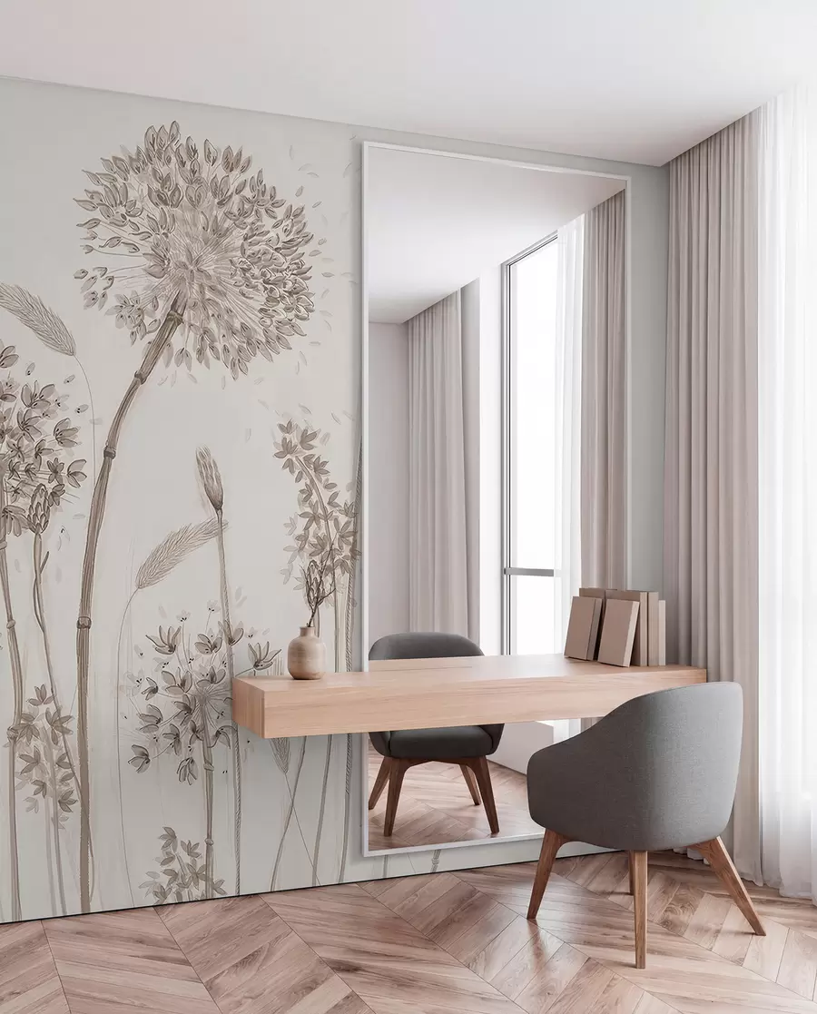 wall murals Large meadow flowers of dandelions monochrome style loft minimalism u96934