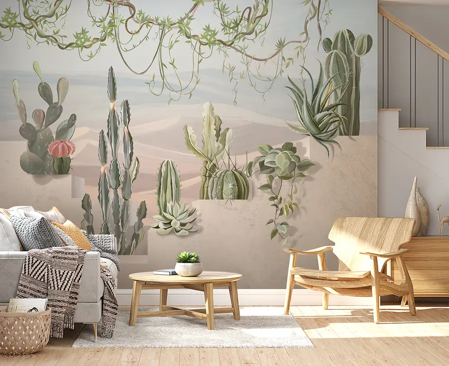 wall murals 3D nature wallpaper with cactus and tropical view u96445