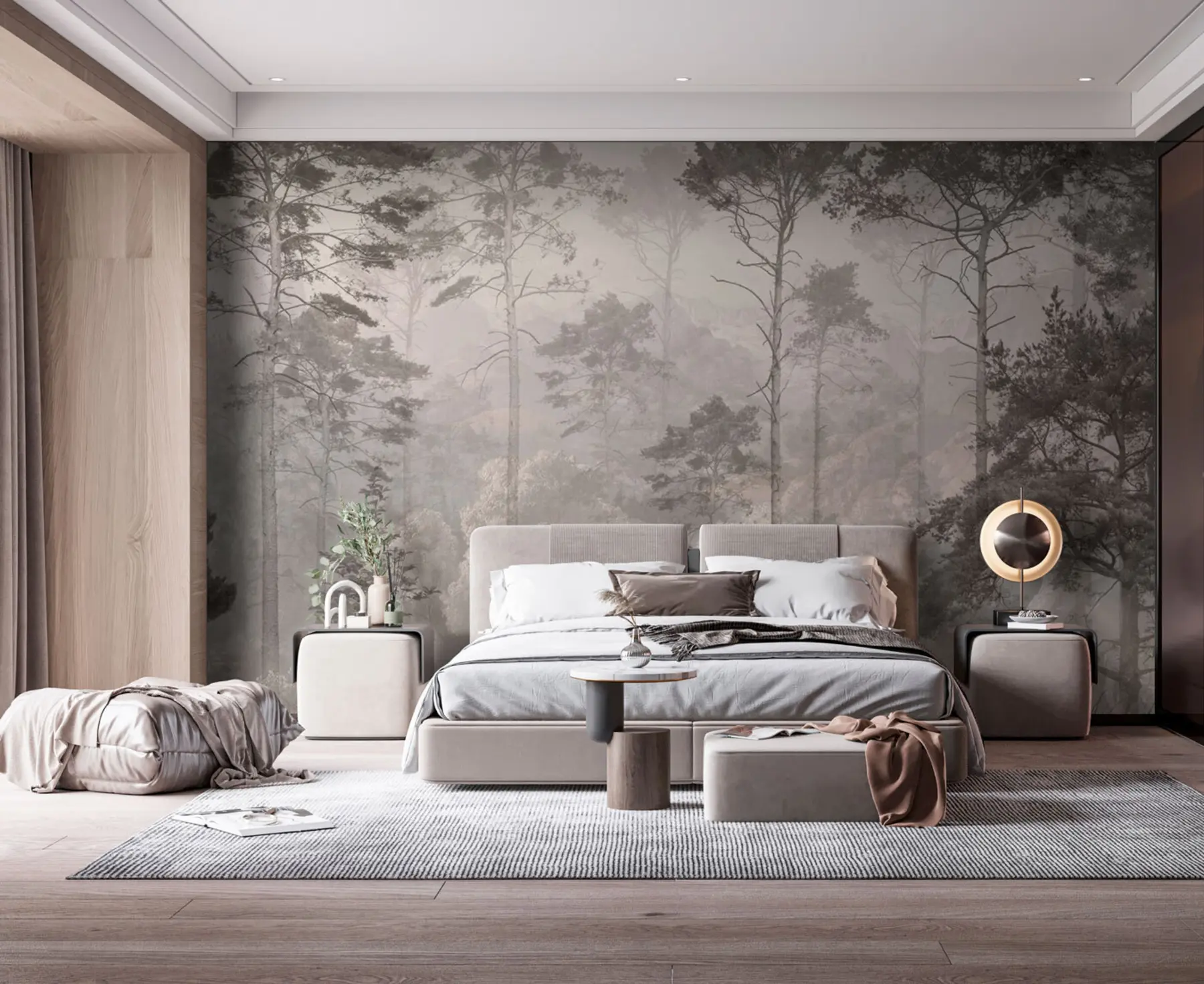 wall murals Tall trees on the hills, forest in the fog u97190