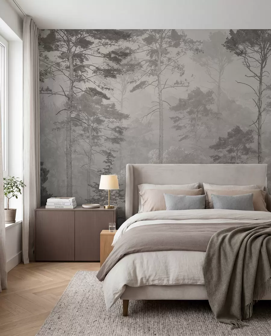wall murals Tall trees on the hills, forest in the fog u97190