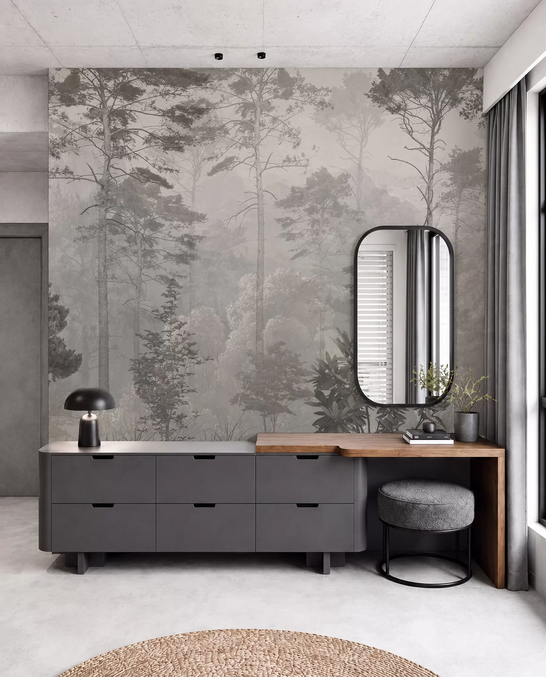 wall murals Tall trees on the hills, forest in the fog u97190