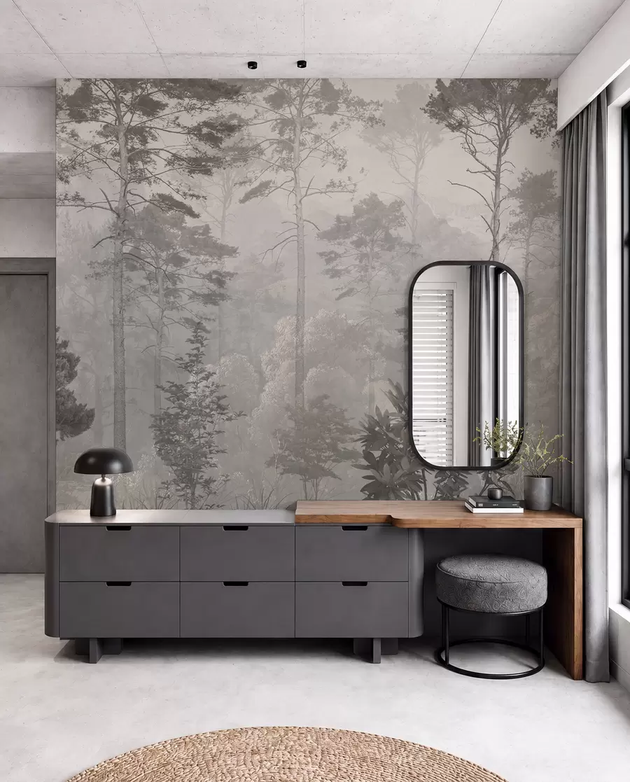 wall murals Tall trees on the hills, forest in the fog u97190