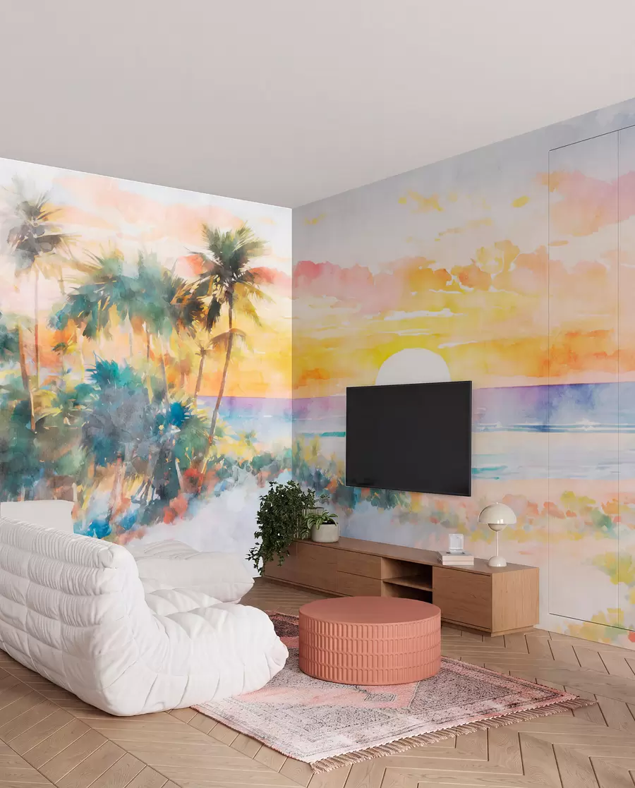 wall murals Palm trees and sunset on the beach u97312