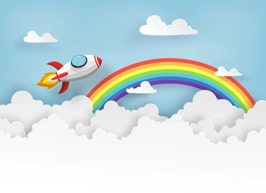 wall murals Launching a rocket into the sky above the clouds and rainbow u96299
