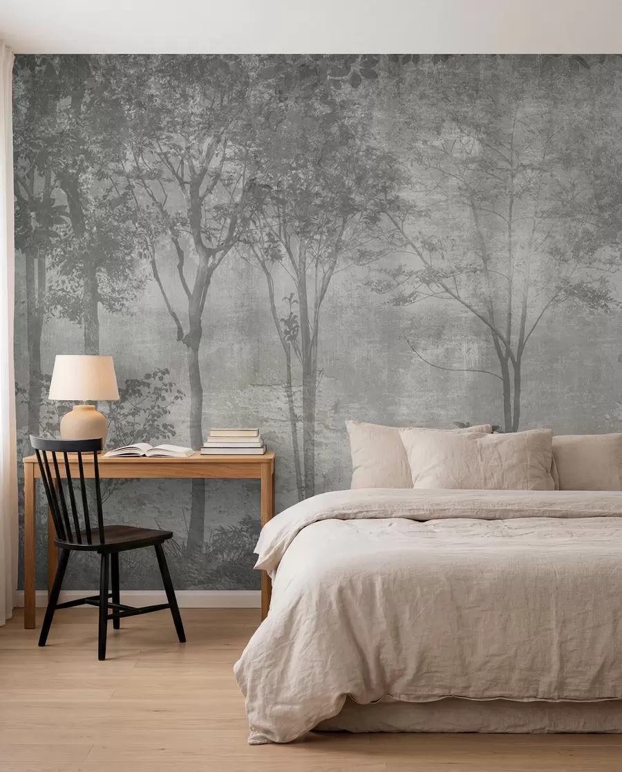 wall murals A painting of a forest on a stone wall u97401