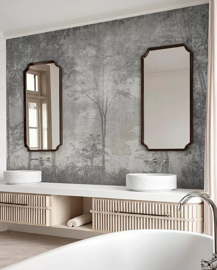 wall murals A painting of a forest on a stone wall u97401