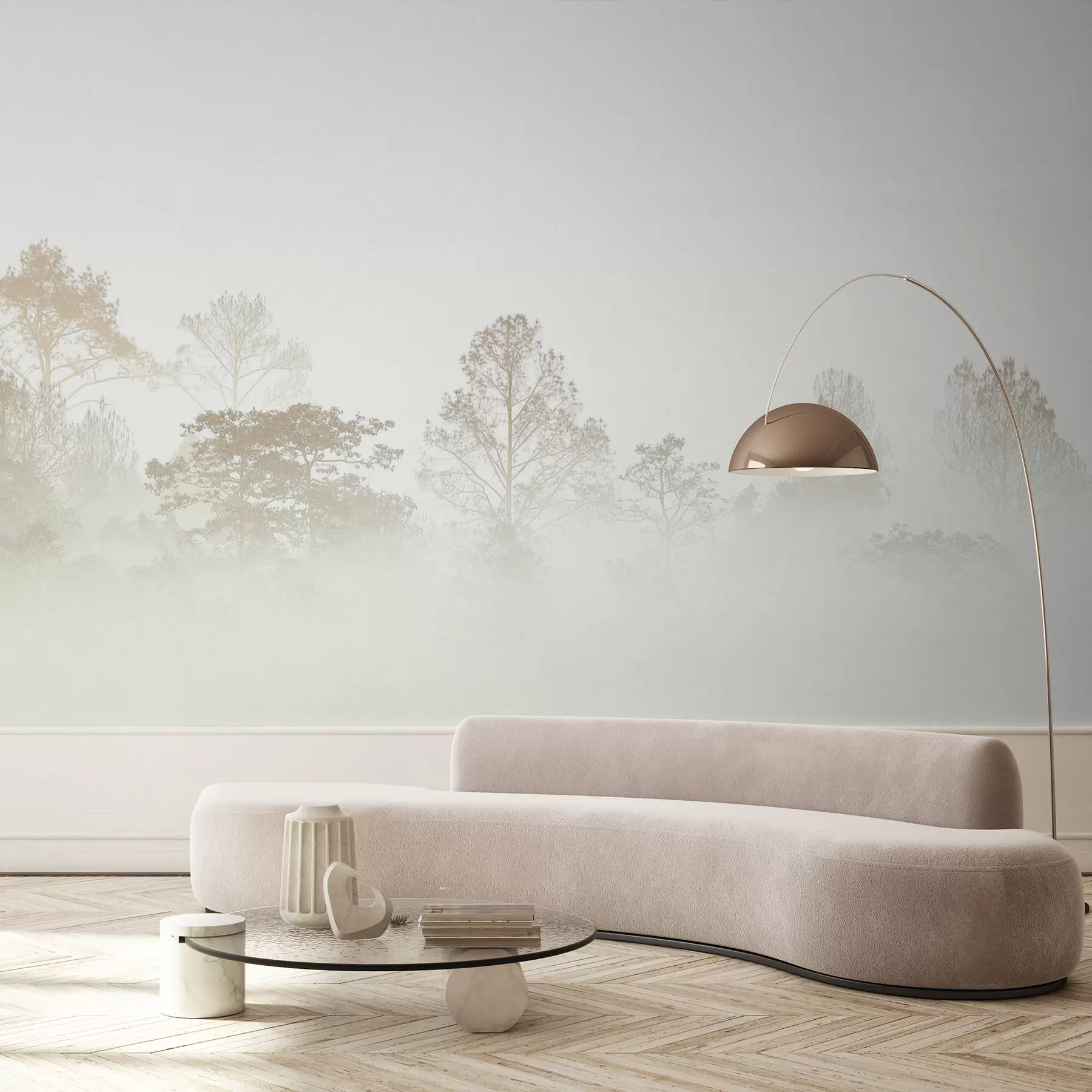 wall murals Silhouette of a grove of trees in thick white morning fog u97405