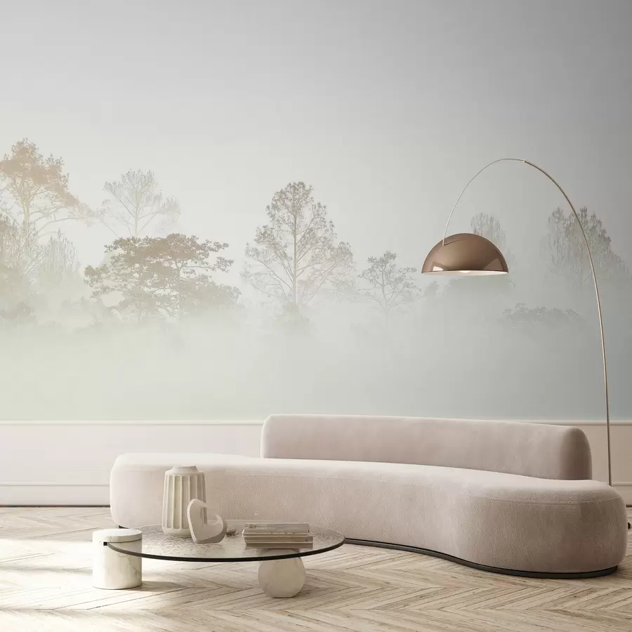 wall murals Silhouette of a grove of trees in thick white morning fog u97405