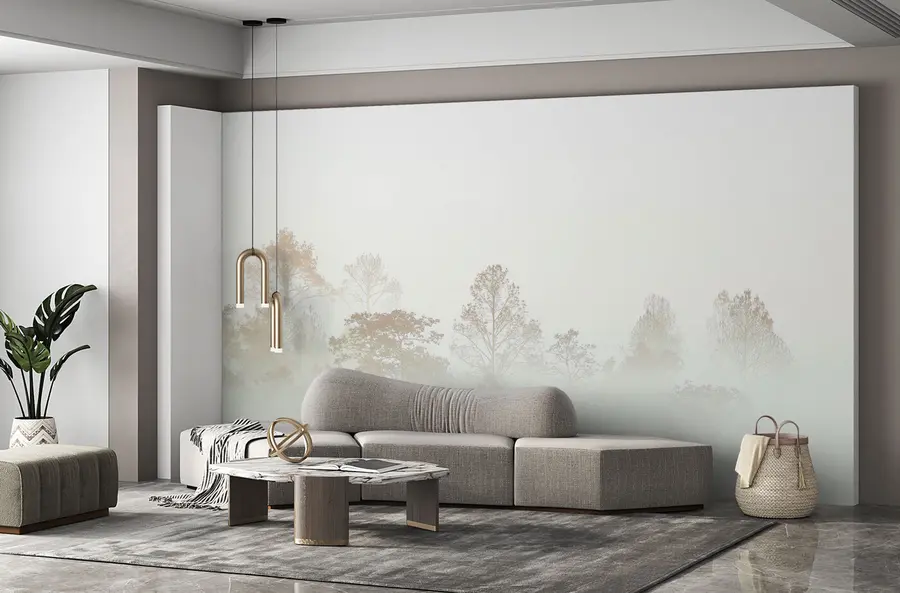 wall murals Silhouette of a grove of trees in thick white morning fog u97405