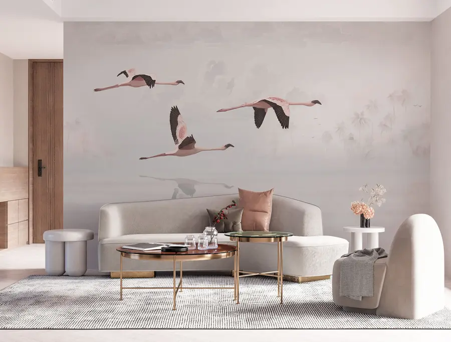 wall murals Pink flamingos above tropical jungle beach and sea u97457