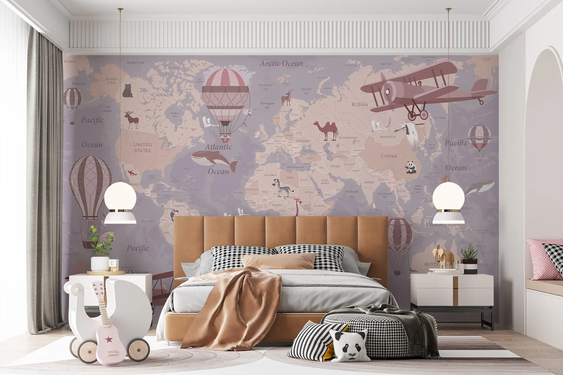 wall murals Children's world map with animals in blue u36066v3