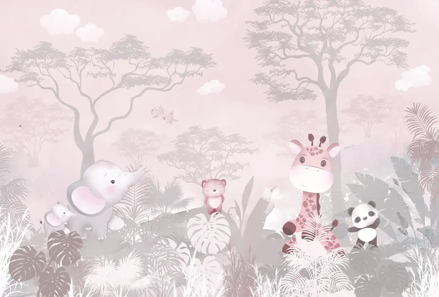 wall murals Cute little animals in the savana in pink colors u73878v3