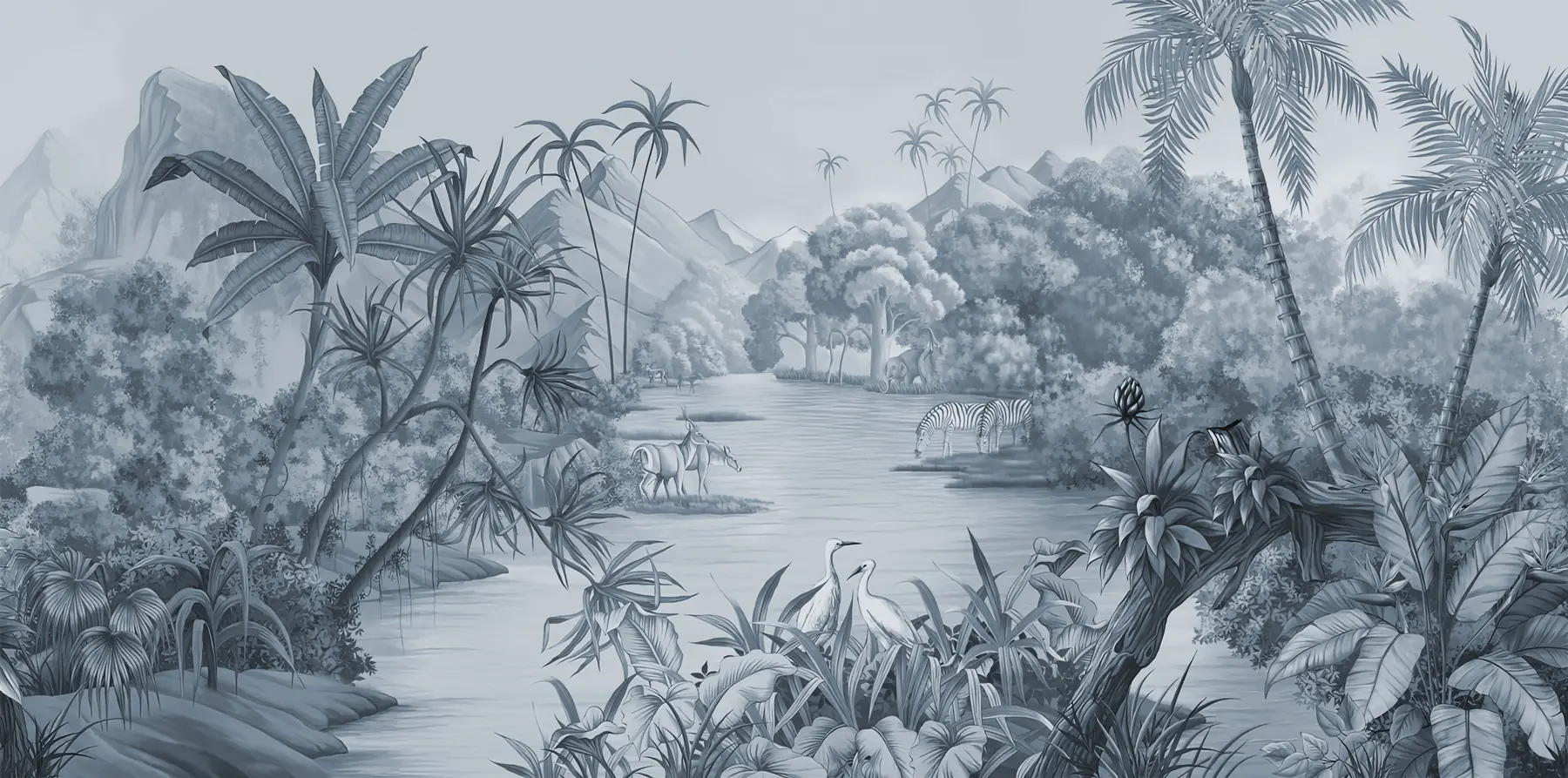 wall murals Black and white tropics in blue colors u59040v2