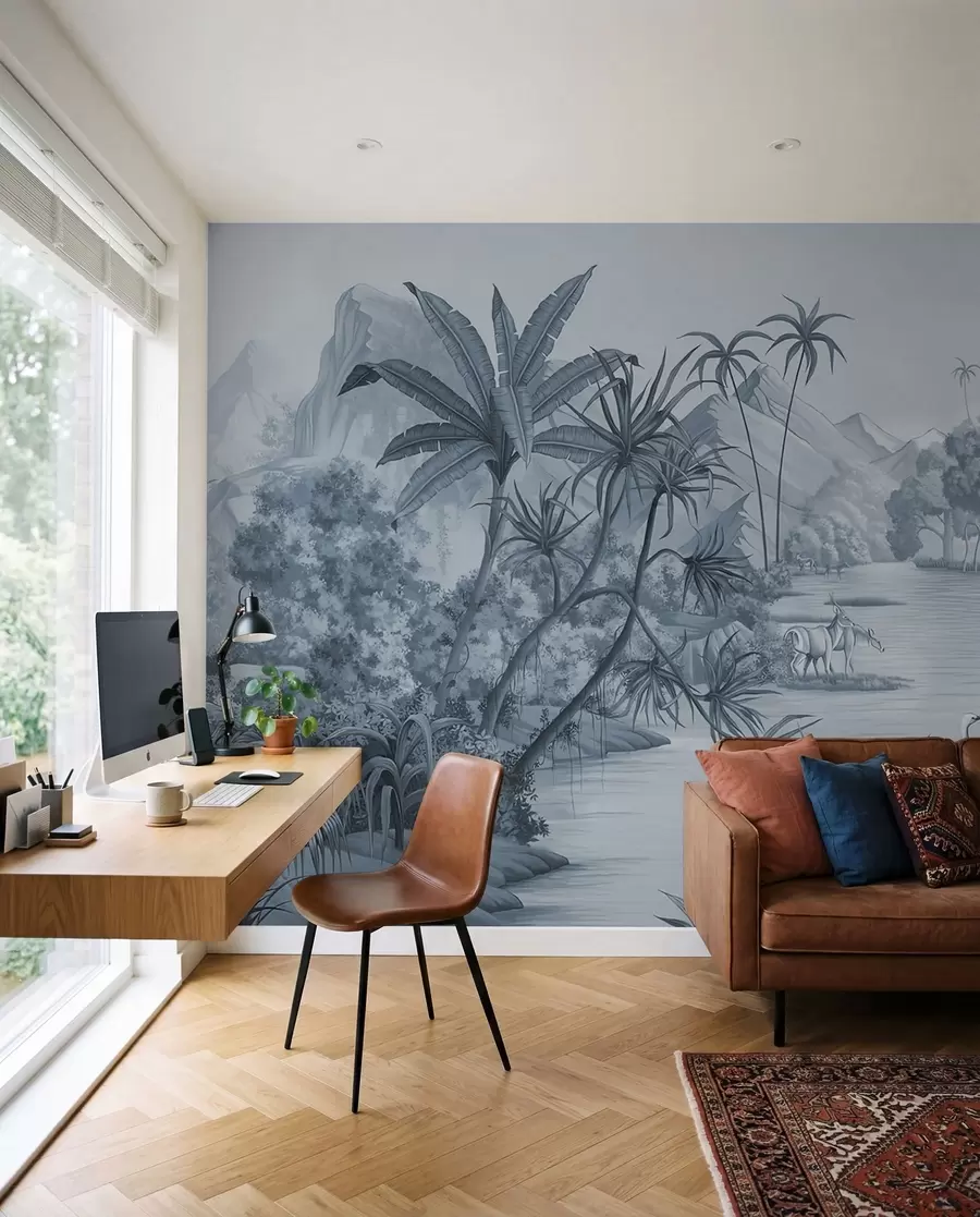 wall murals Black and white tropics in blue colors u59040v2
