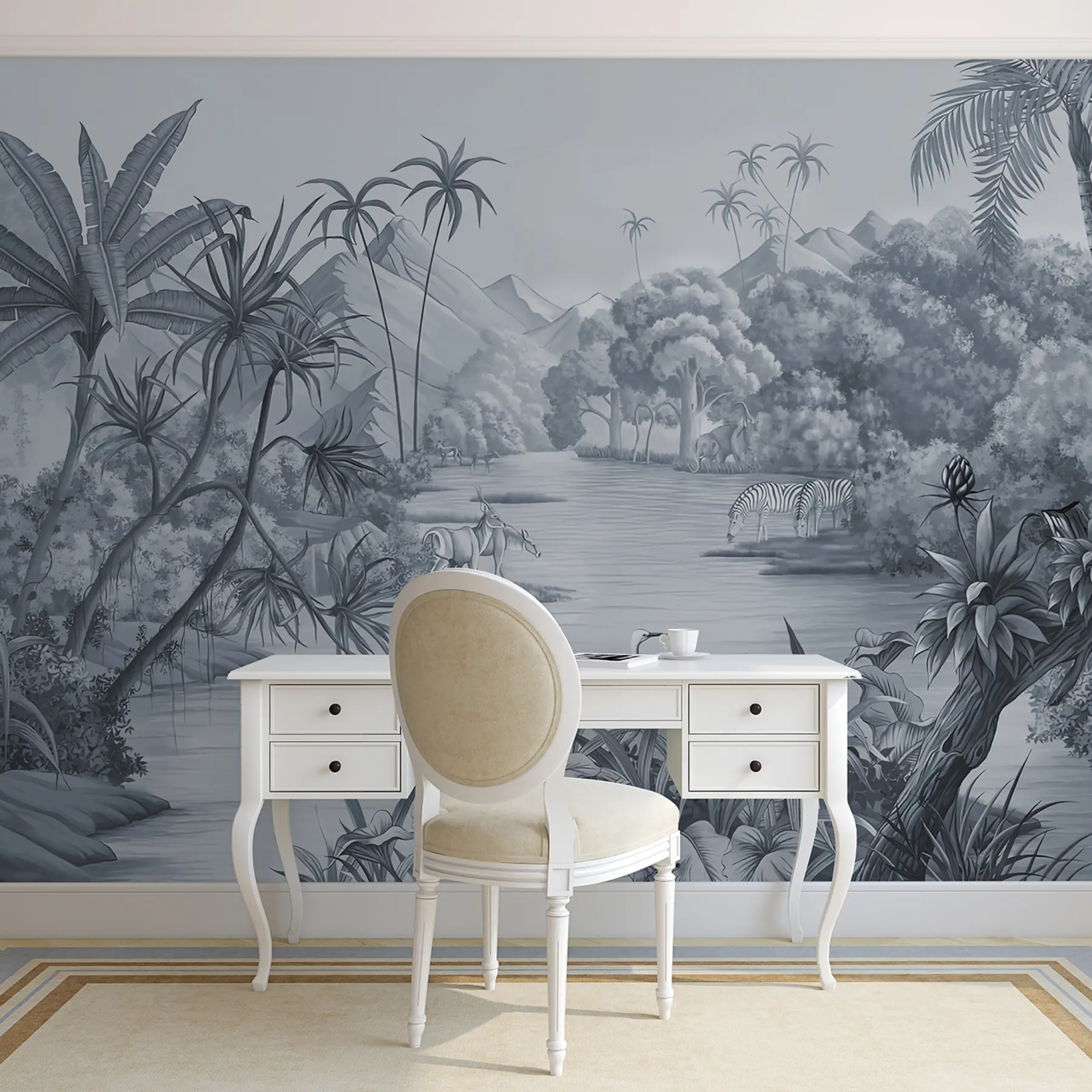 wall murals Black and white tropics in blue colors u59040v2