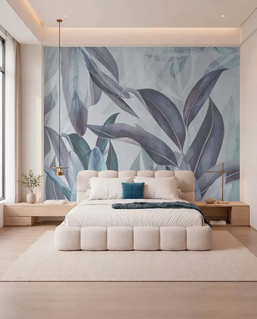 wall murals Green and pink palm leaves in blue colors u94302v1