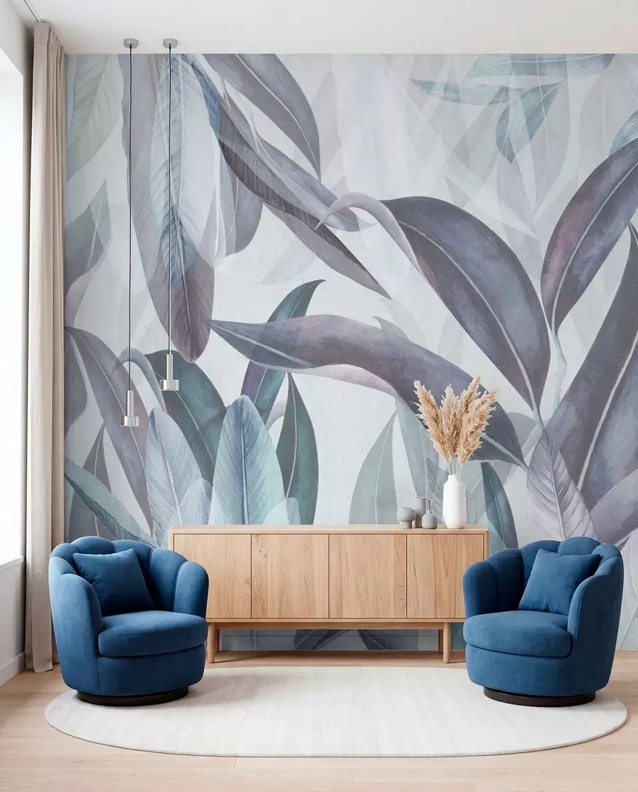 wall murals Green and pink palm leaves in blue colors u94302v1