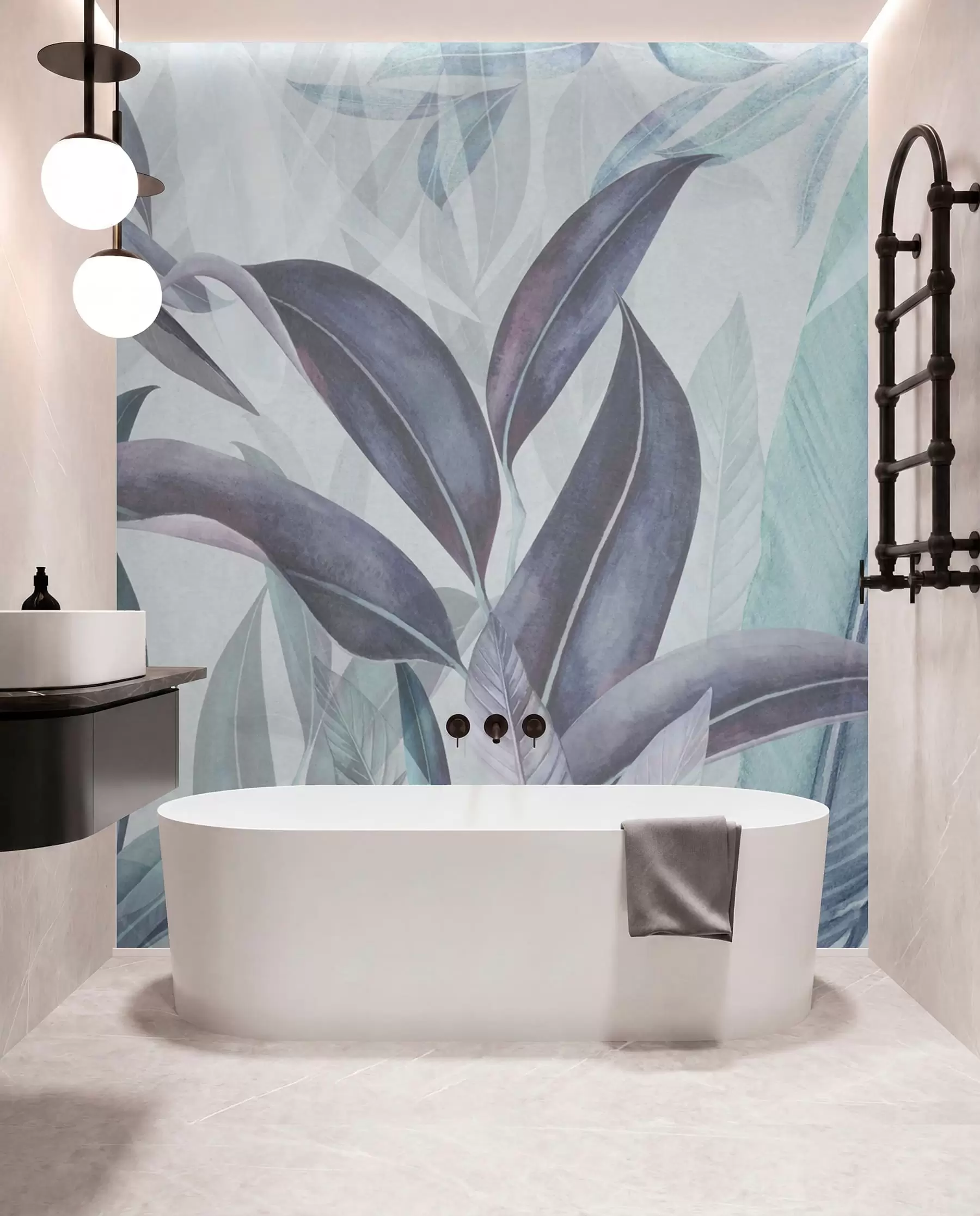 wall murals Green and pink palm leaves in blue colors u94302v1