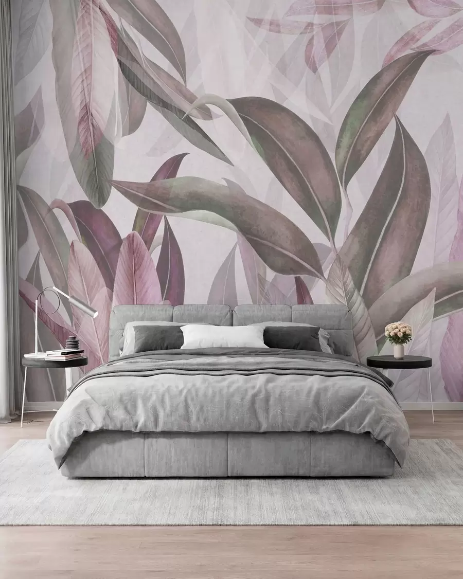 wall murals Green and pink palm leaves in purple colors u94302v3