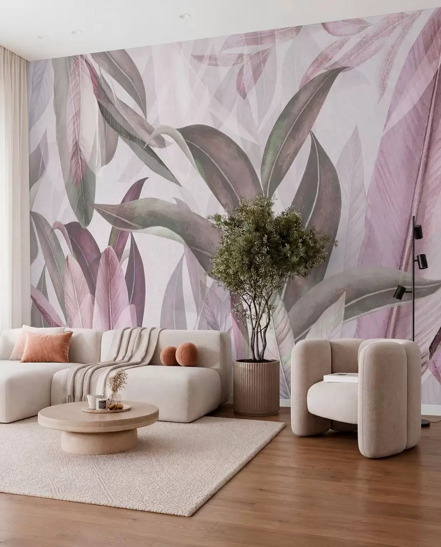 wall murals Green and pink palm leaves in purple colors u94302v3