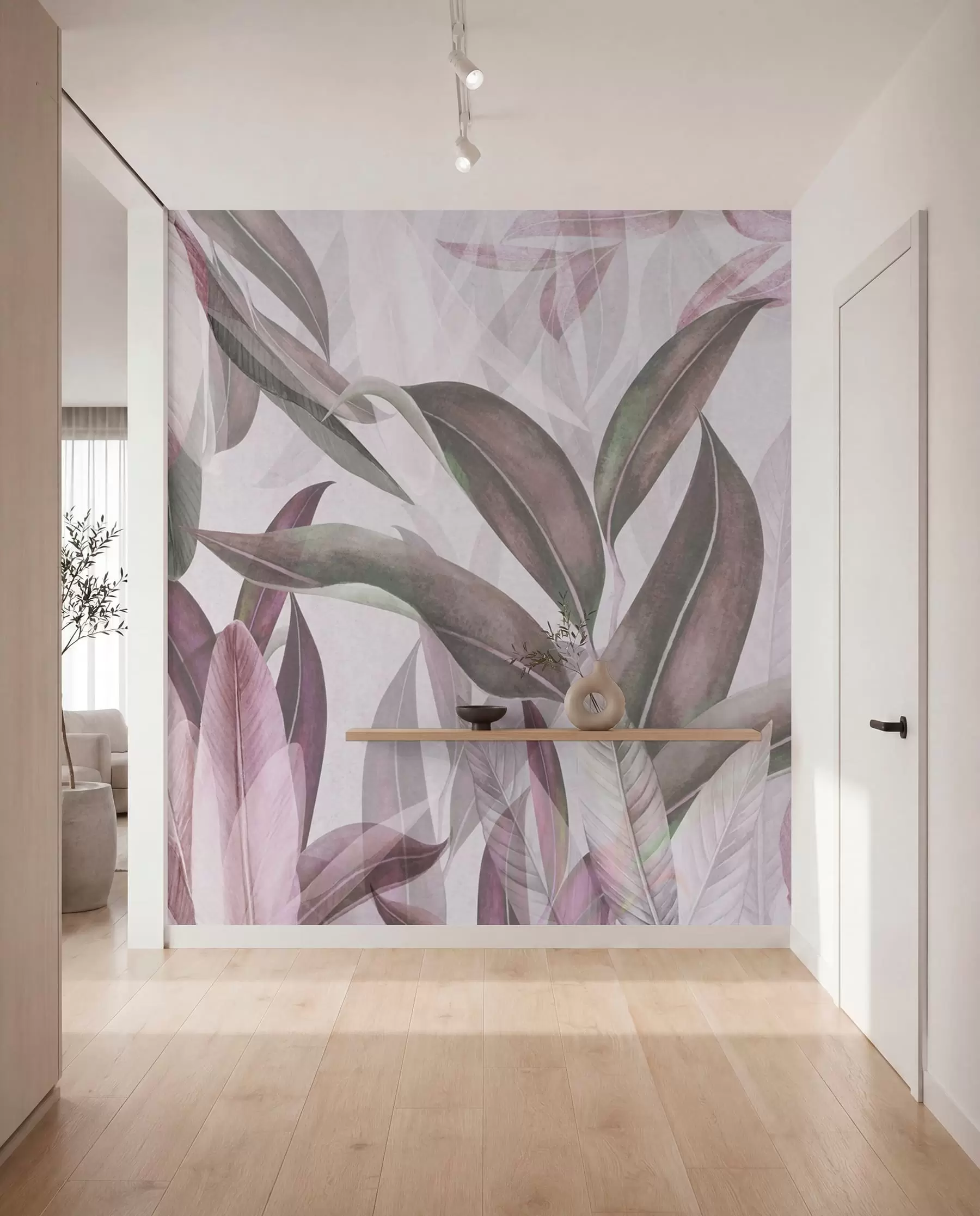 wall murals Green and pink palm leaves in purple colors u94302v3
