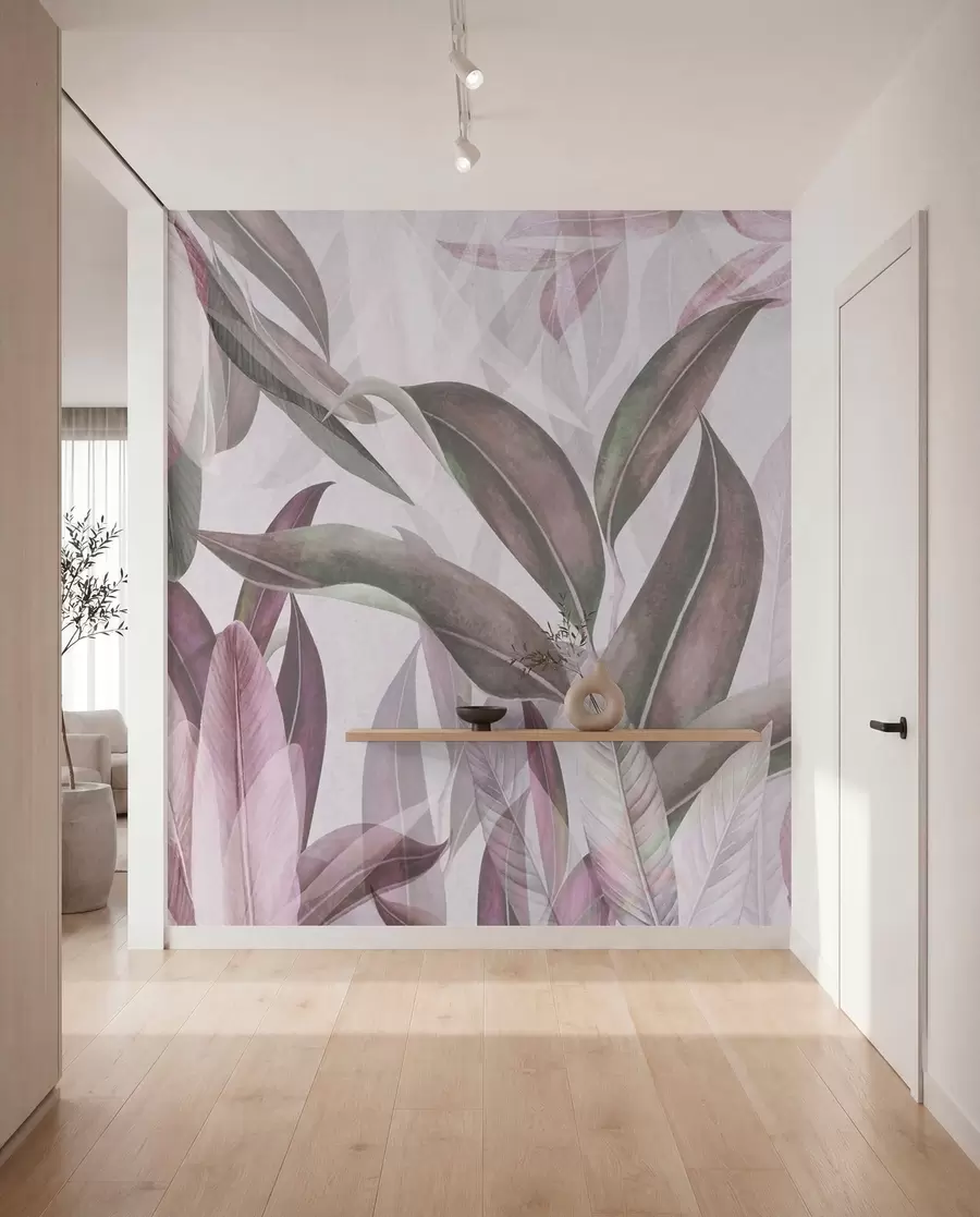 wall murals Green and pink palm leaves in purple colors u94302v3