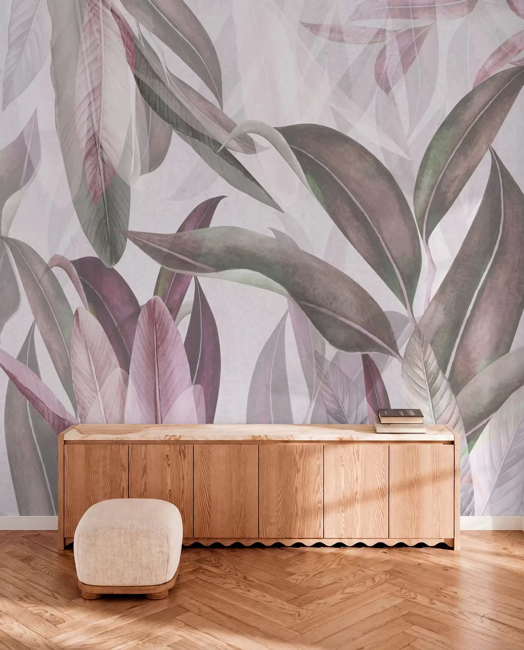 wall murals Green and pink palm leaves in purple colors u94302v3