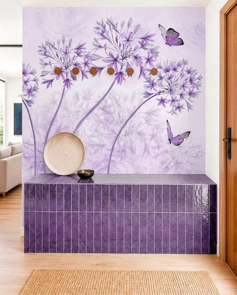 wall murals Plant, flower and blue in pink colors u35495v3