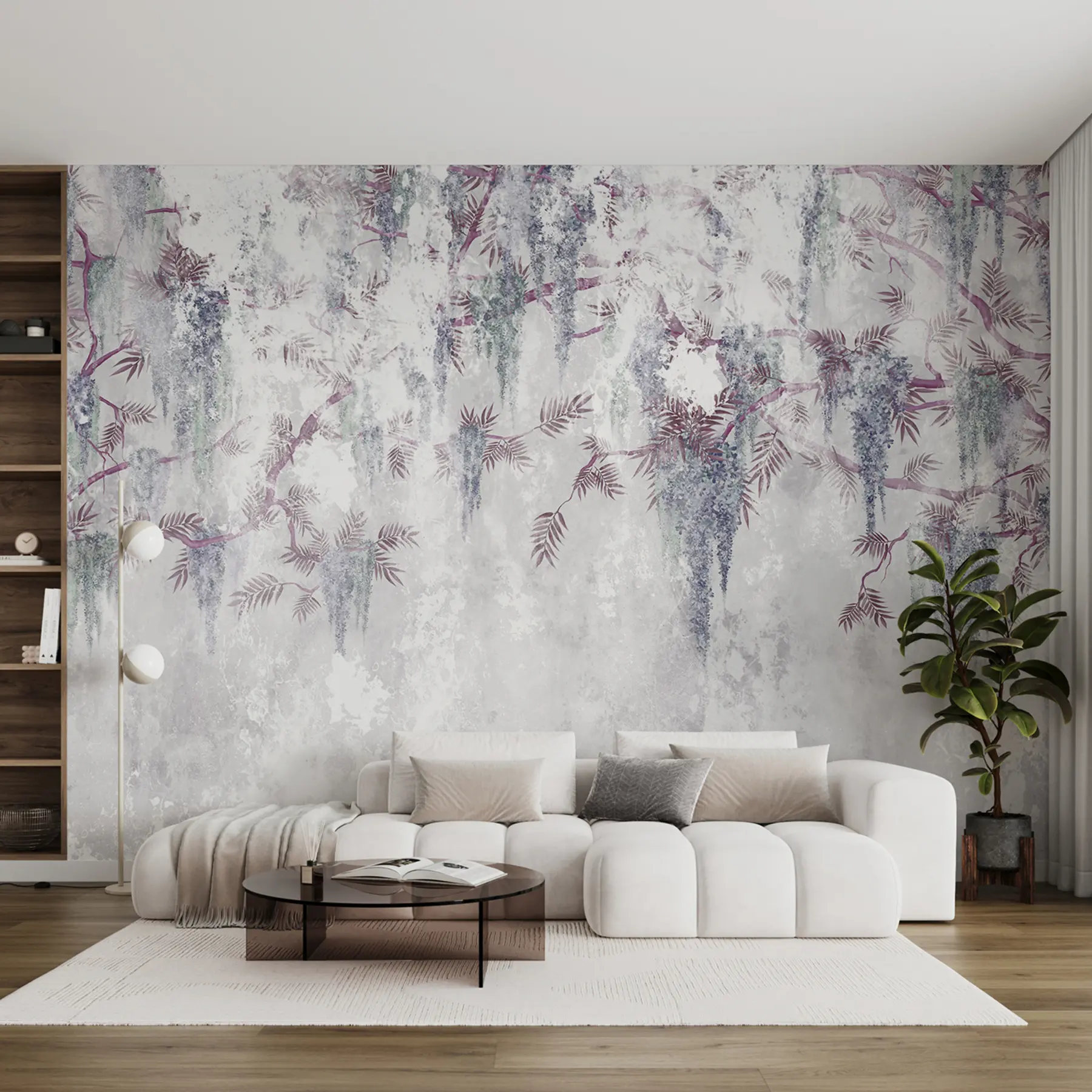 wall murals Hanging trendy grunge branches with purple flowers in blue colors u73816v2