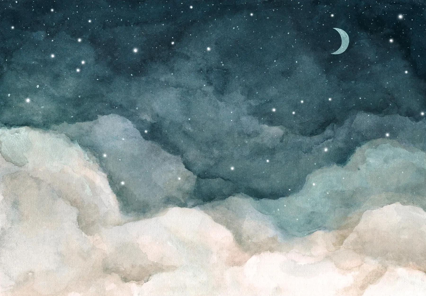 wall murals Watercolor painting of night sky with crescent moon and shining stars in blue colors u96076v2