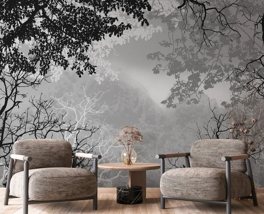 wall murals Forest illustration on a background of mountains with fog u98050