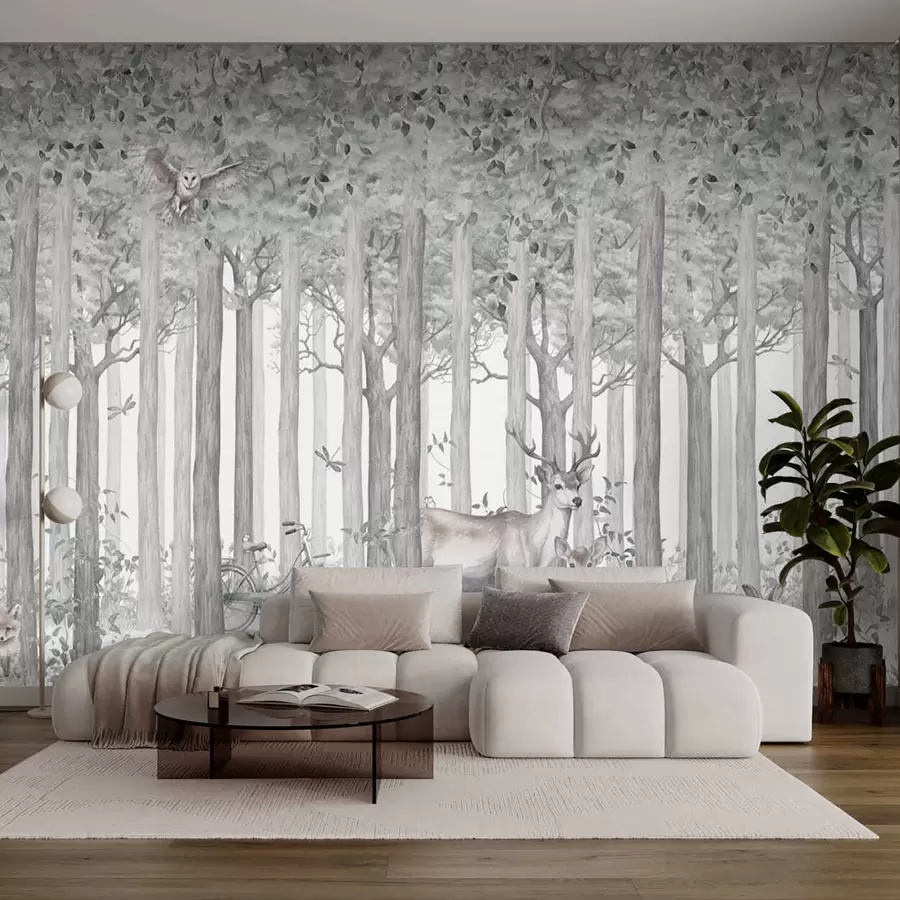wall murals Forest animals deer and owl in grey u97629v1