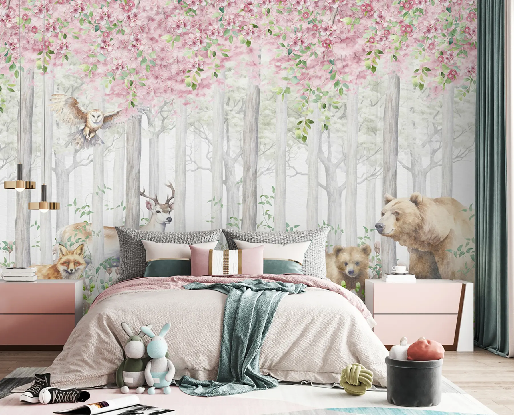 wall murals Blooming forest with animals u97614