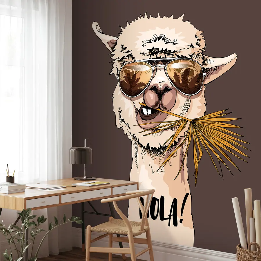 wall murals Portrait of a lama wearing sunglasses with a fan palm leaf u98177