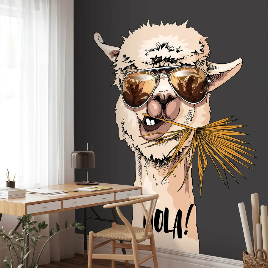 wall murals Portrait of a lama wearing sunglasses with a fan palm leaf u98177v1