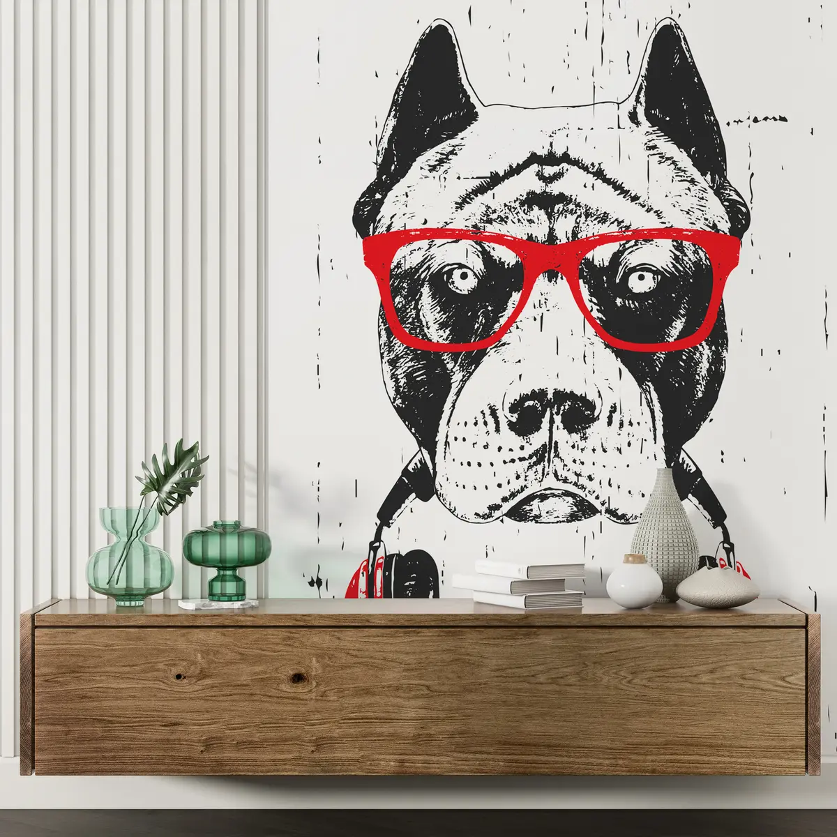 wall murals Portrait of Pitbull wearing glasses and headphones u98184