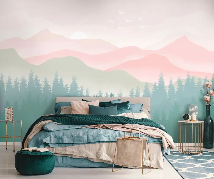wall murals Foggy Mountains with Pine Forest, Soft Natural colors, Pink and Green u98774