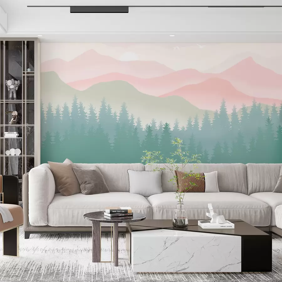 wall murals Foggy Mountains with Pine Forest, Soft Natural colors, Pink and Green u98774