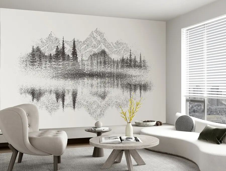 wall murals The forest and mountains are reflected in the lake u98808