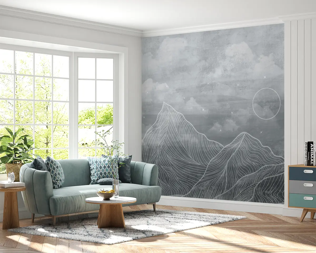 wall murals Grunge Texture with Clouds and Mountains, Grey Color, Nature Theme Art u98838v1