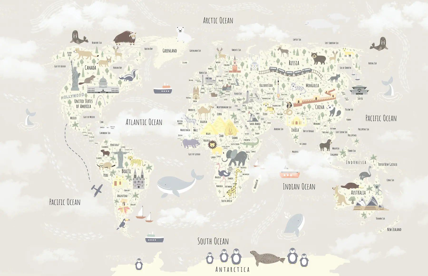wall murals Children's world map with animals and landmarks u96587v1