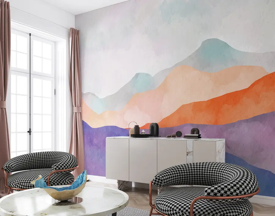 wall murals Mountains landscape, abstract drawing, boho style, orange, puple, blue u98991