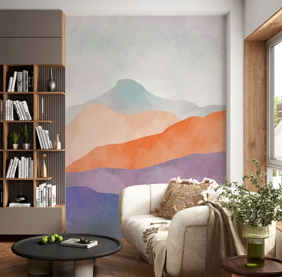 wall murals Mountains landscape, abstract drawing, boho style, orange, puple, blue u98991