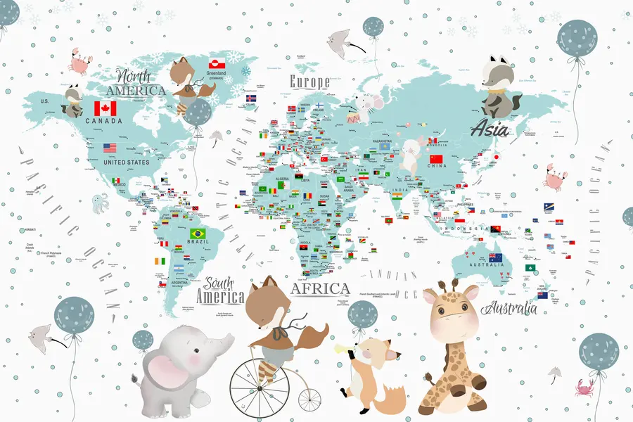 wall murals Children's world map with animals u99228