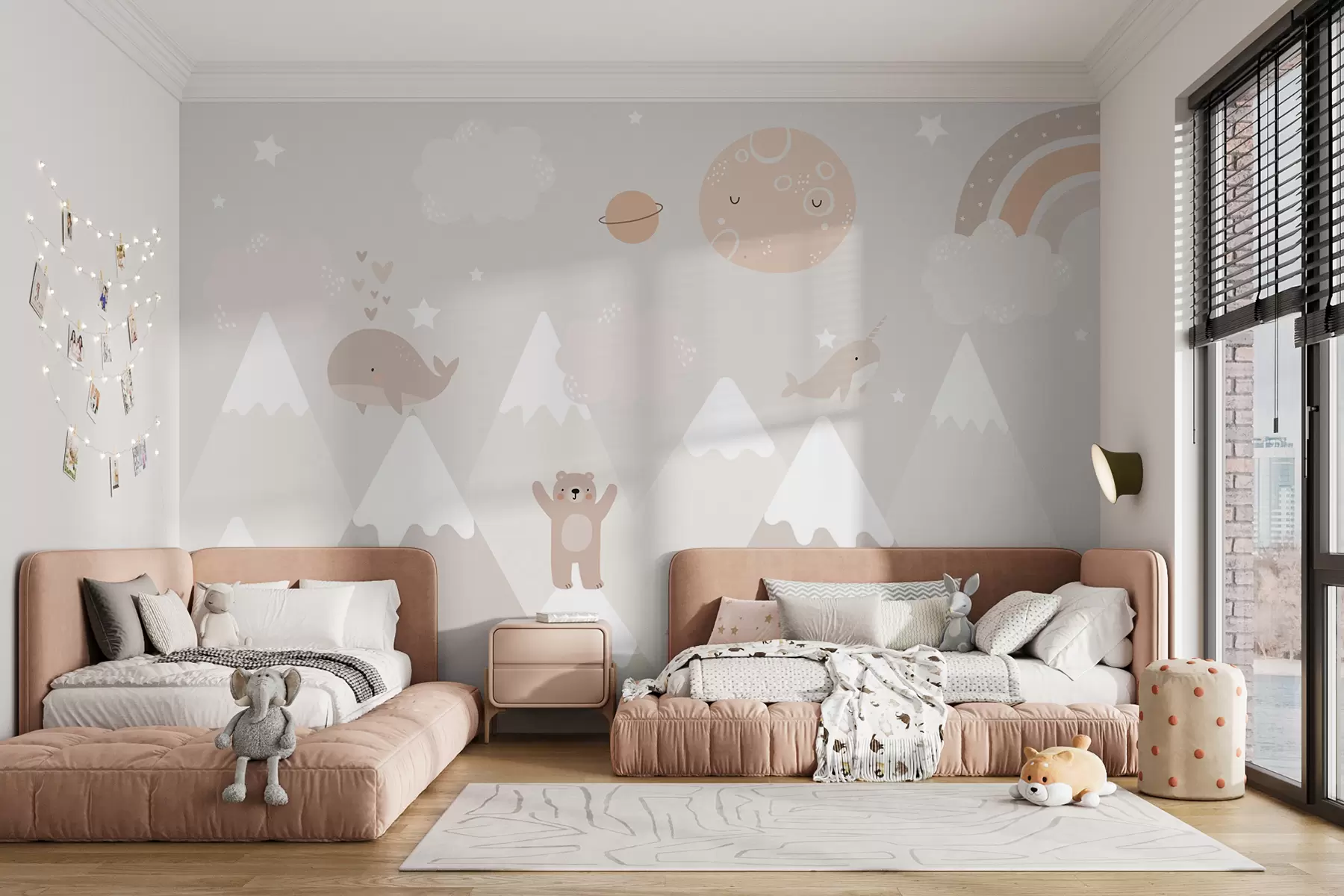 wall murals Mountains with cute animals, clouds and planets, beige colors u99206