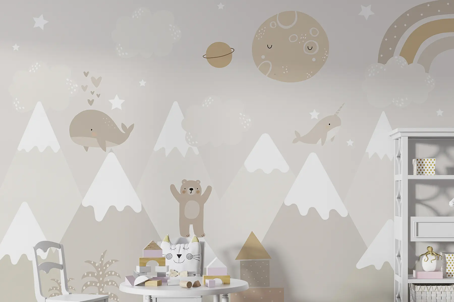 wall murals Mountains with cute animals, clouds and planets, beige colors u99206